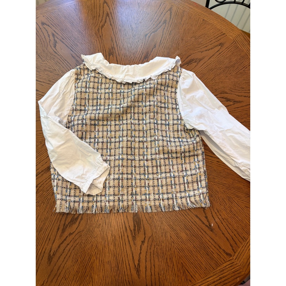 English Factory Tweed Plaid Peter Pan Collar Layered Top Tan Blue Multi Size L - Picture 8 of 8
